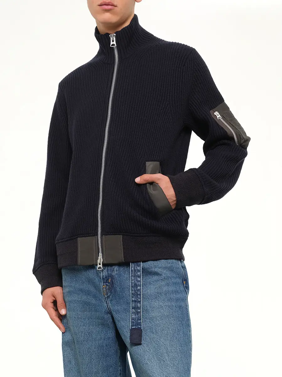 Sacai Wool Knit Blouson in Navy/dark Khaki | Thumbnail 6 Sacai Wool Knit Blouson in Navy/dark Khaki | Thumbnail 6