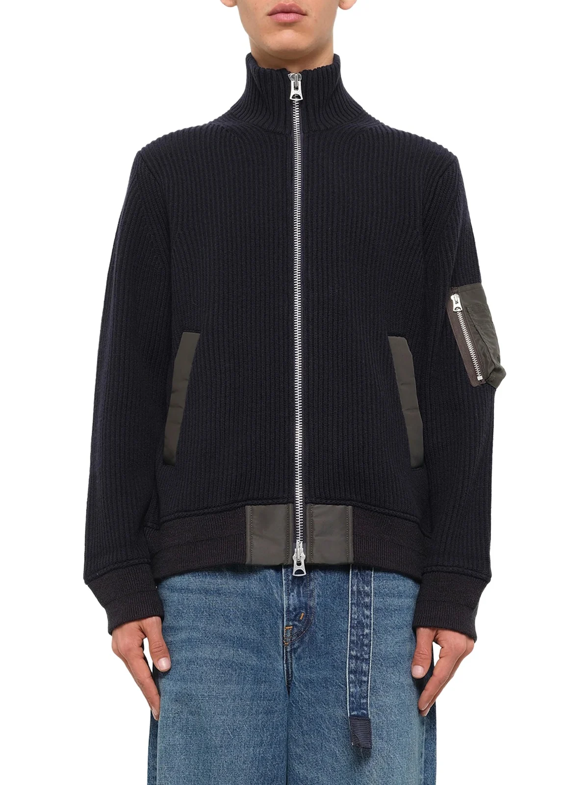 Sacai Wool Knit Blouson in Navy/dark Khaki