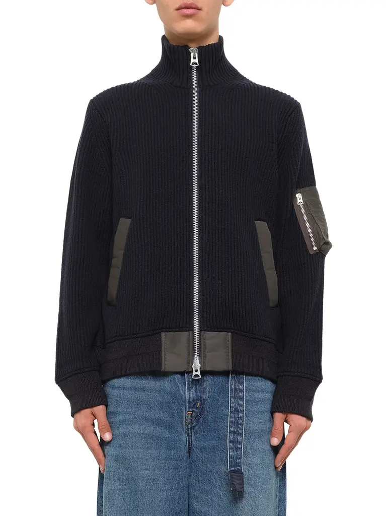 Sacai Wool Knit Blouson in Navy/dark Khaki