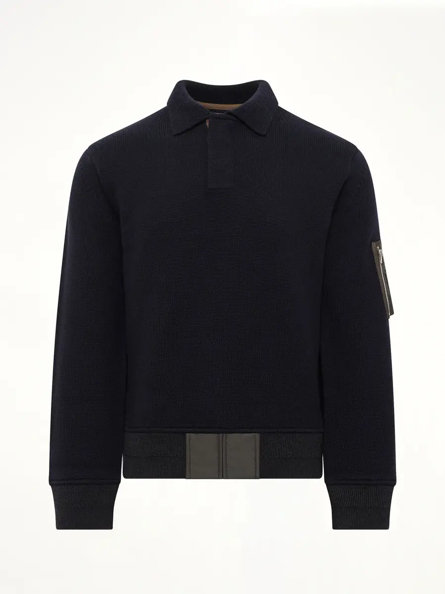 Sacai Wool Knit Polo Shirt in Navy/dark Khaki | Thumbnail 2
