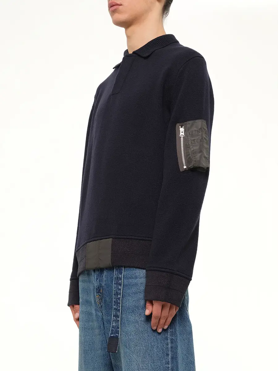 Sacai Wool Knit Polo Shirt in Navy/dark Khaki | Thumbnail 3