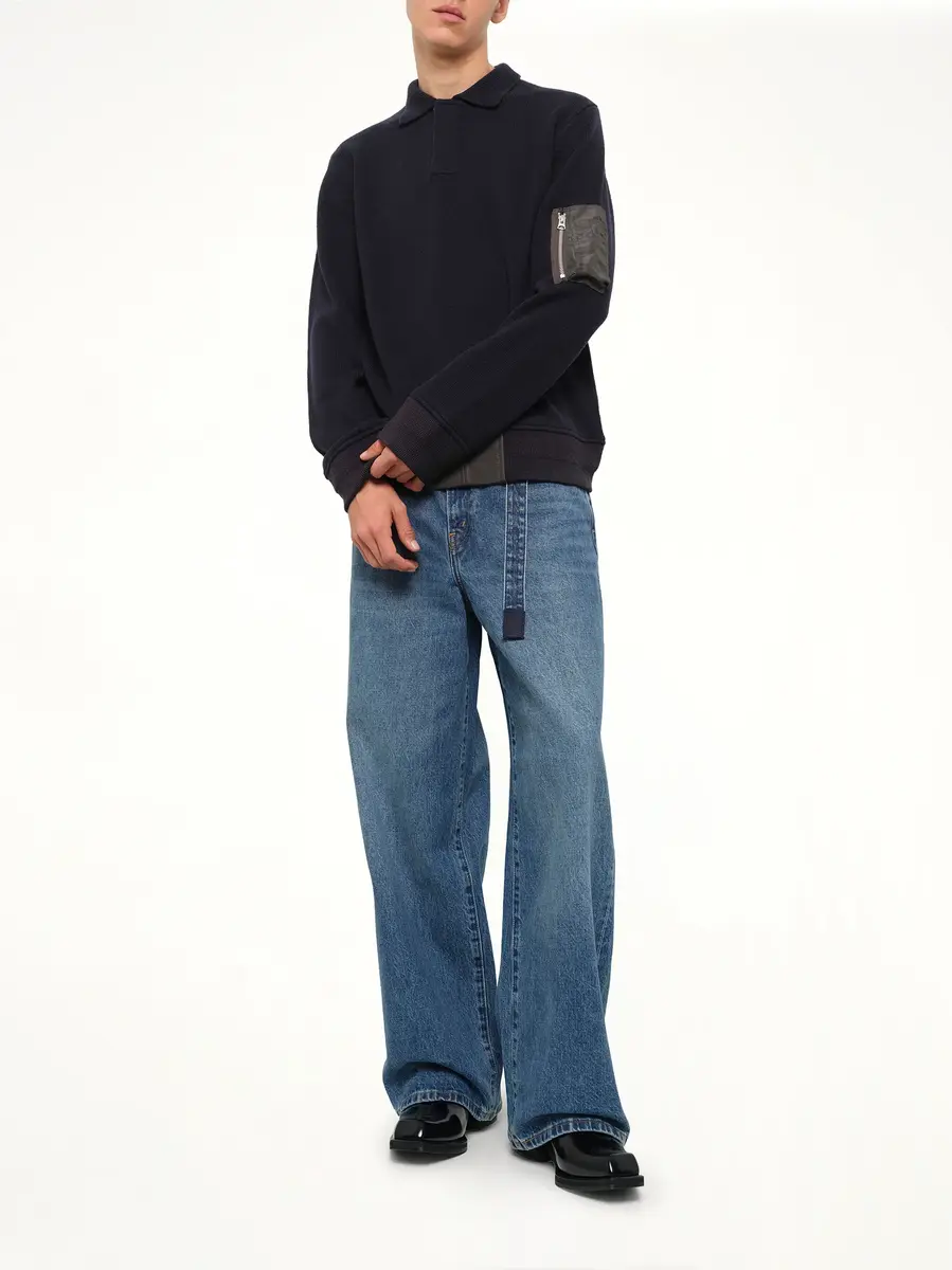 Sacai Wool Knit Polo Shirt in Navy/dark Khaki | Thumbnail 4