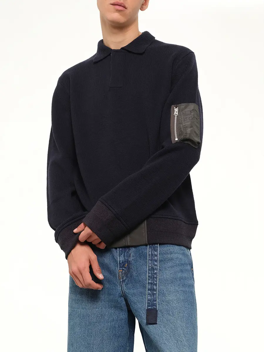 Sacai Wool Knit Polo Shirt in Navy/dark Khaki | Thumbnail 6