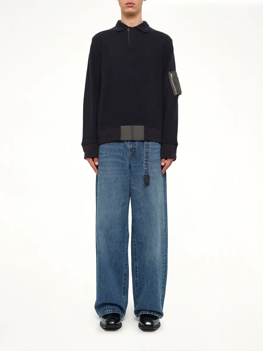 Sacai Wool Knit Polo Shirt in Navy/dark Khaki | Thumbnail 7