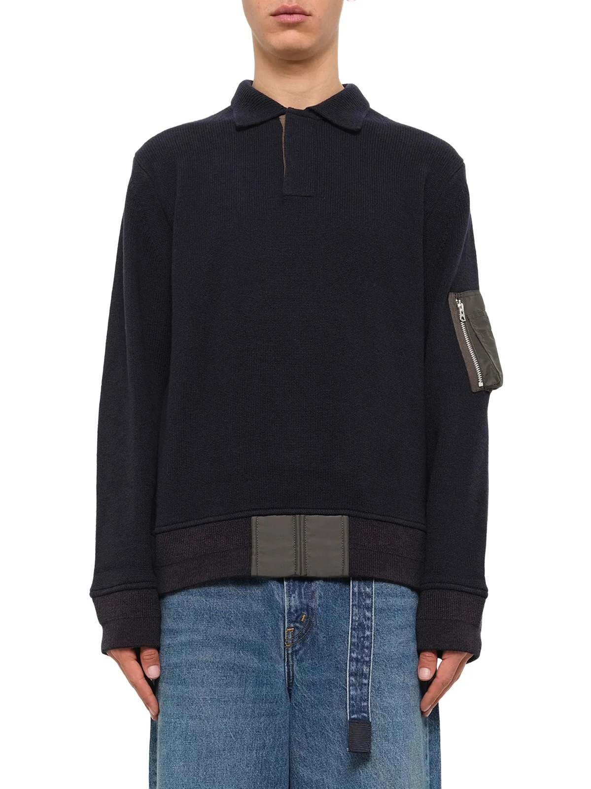 Sacai Wool Knit Polo Shirt in Navy/dark Khaki