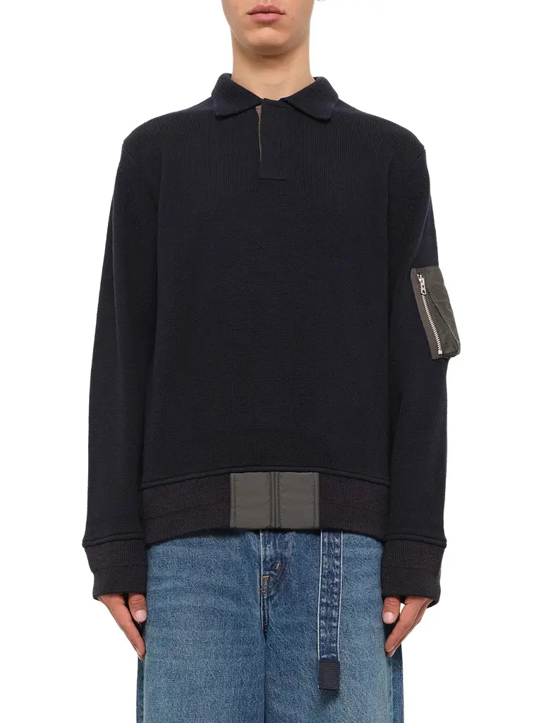 Sacai Wool Knit Polo Shirt in Navy/dark Khaki