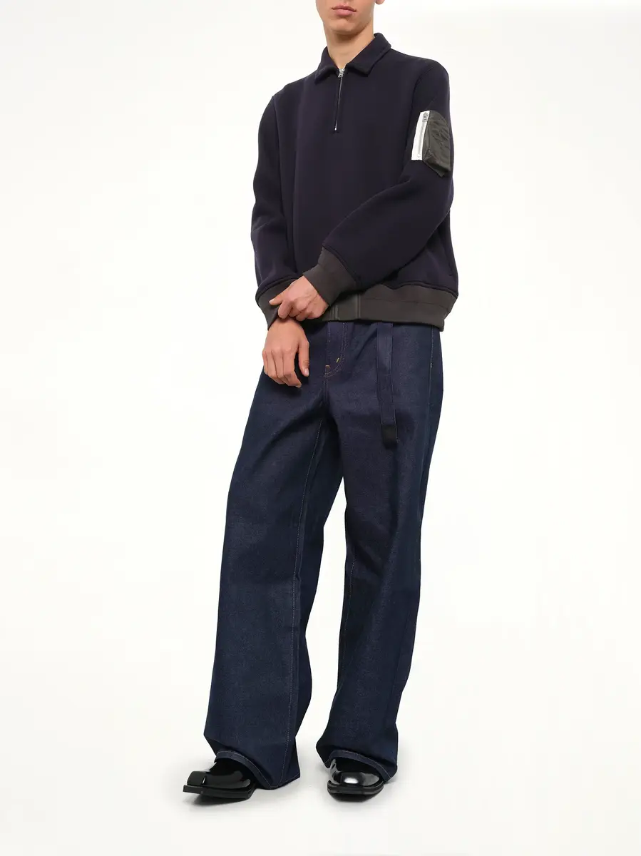 Sacai Sponge Sweat Polo Shirt in Navy/dark Khaki | Thumbnail 4