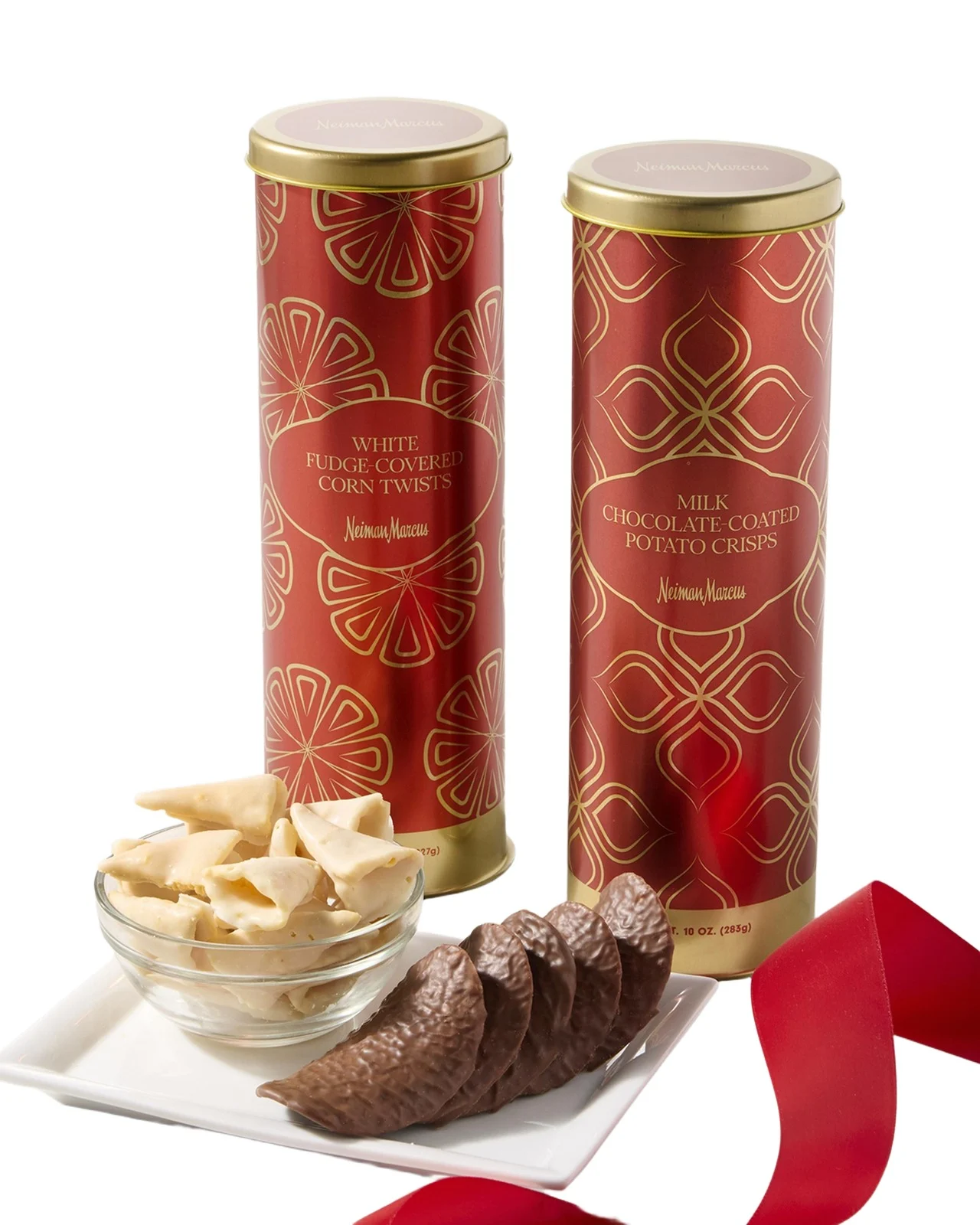 Neiman Marcus White Chocolate Fudge Coated Corn Twists & Milk Chocolate Potato Crisps Duo