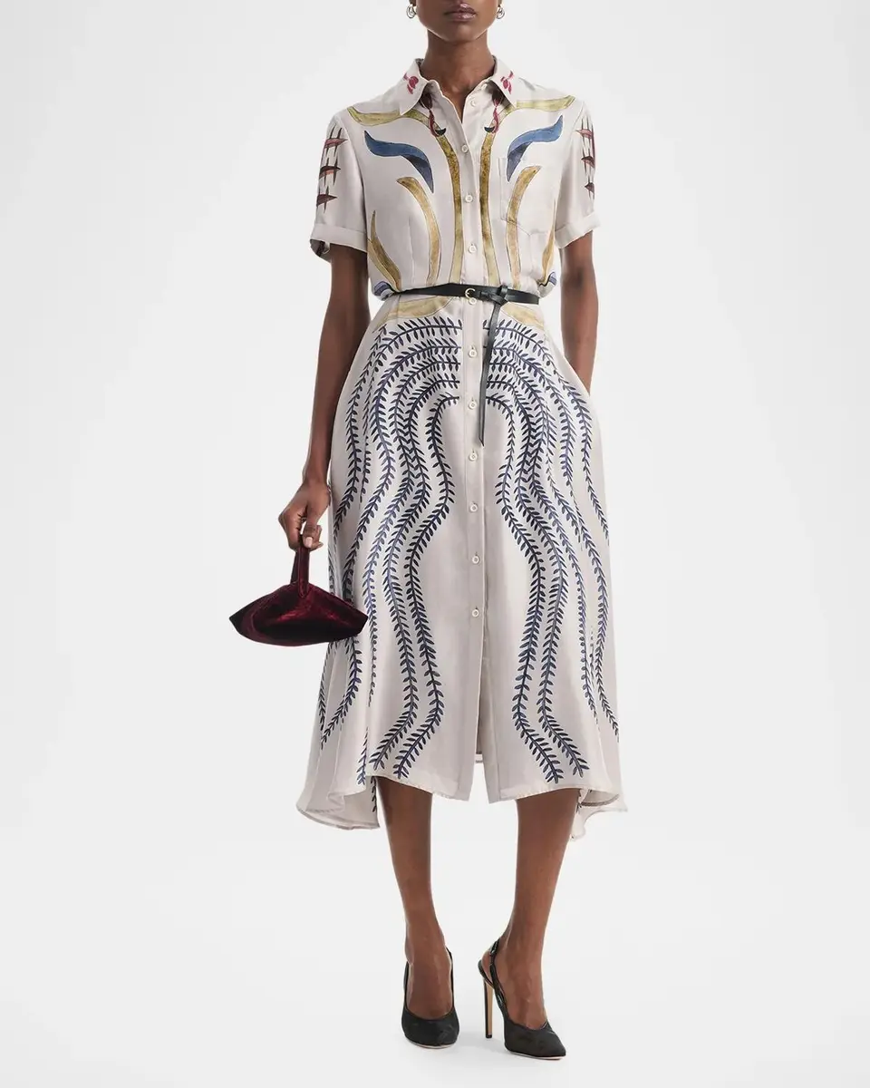 Altuzarra Kiera Short-Sleeve Printed Silk Belted Midi Shirtdress | Thumbnail 2