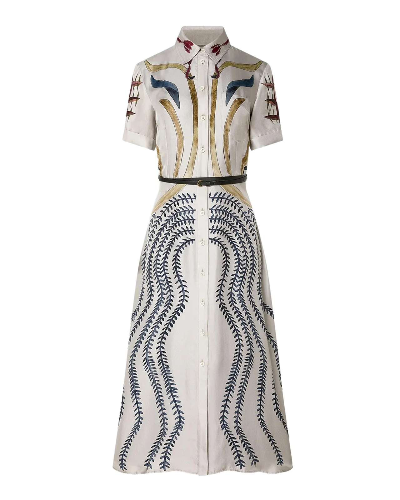 Kiera Short-Sleeve Printed Silk Belted Midi Shirtdress