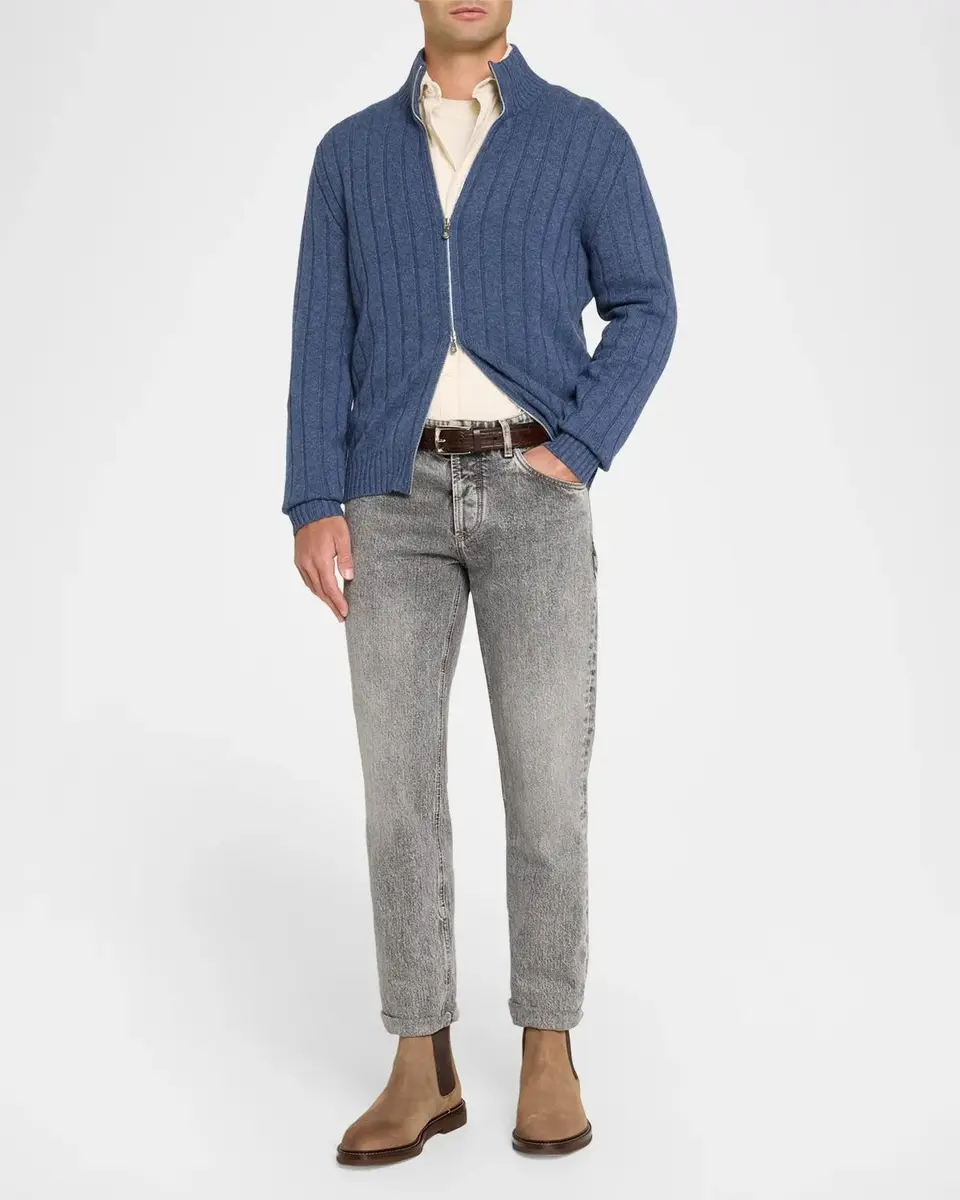 Brunello Cucinelli Men's Ribbed Cashmere Cardigan | Thumbnail 2 Brunello Cucinelli Men's Ribbed Cashmere Cardigan | Thumbnail 2