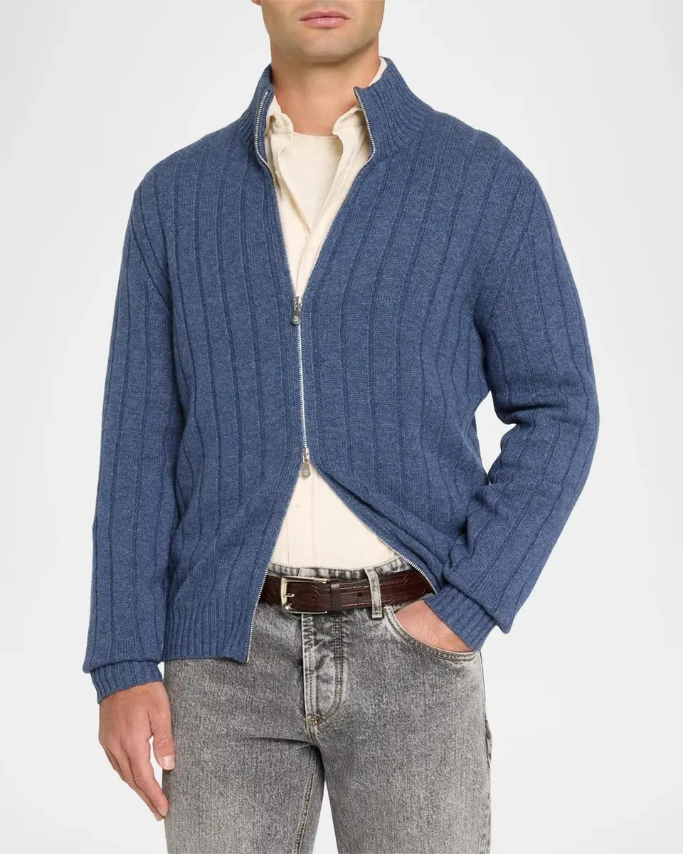 Brunello Cucinelli Men's Ribbed Cashmere Cardigan | Thumbnail 4 Brunello Cucinelli Men's Ribbed Cashmere Cardigan | Thumbnail 4