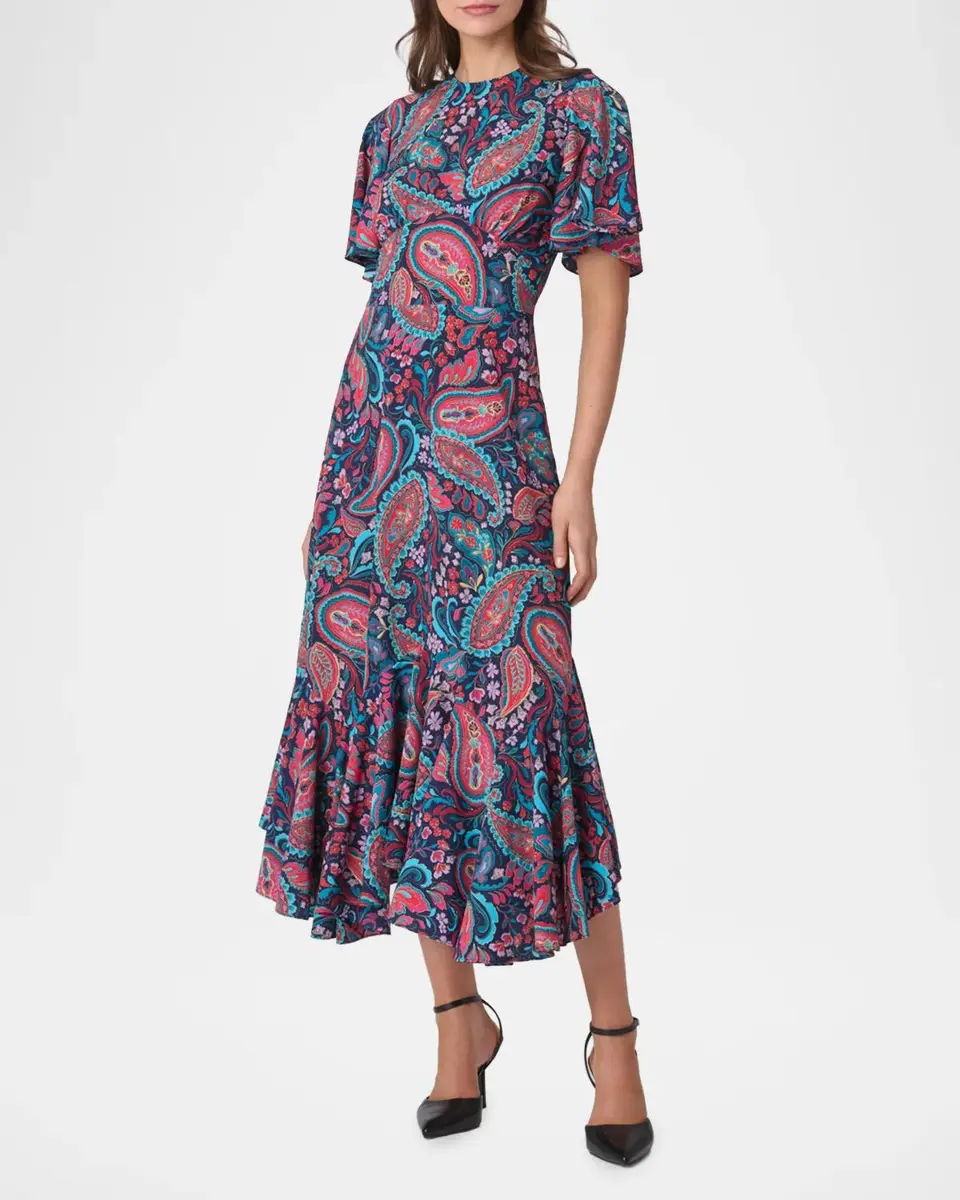 Shoshanna Mallie Flutter-Sleeve Paisley Midi Dress | Thumbnail 3