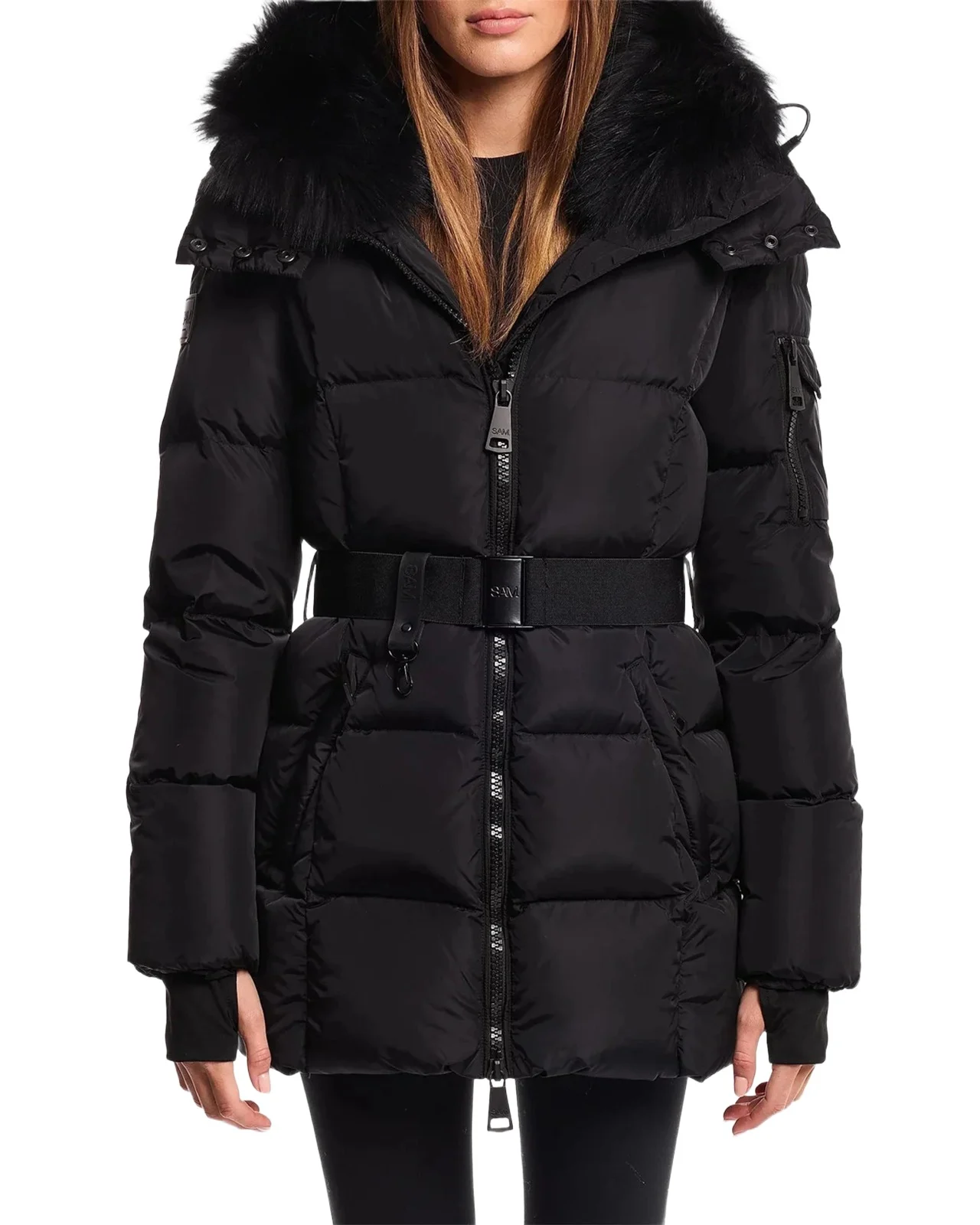 Sam. Luxe Soho Lamb Shearling Collar Belted Down Jacket
