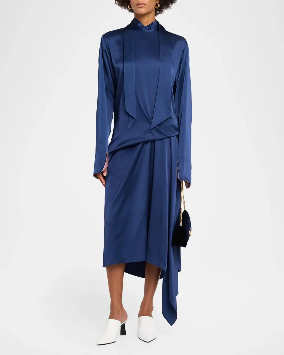Stella McCartney Scarf-Neck Draped Satin Long-Sleeve Midi Dress | Thumbnail 2