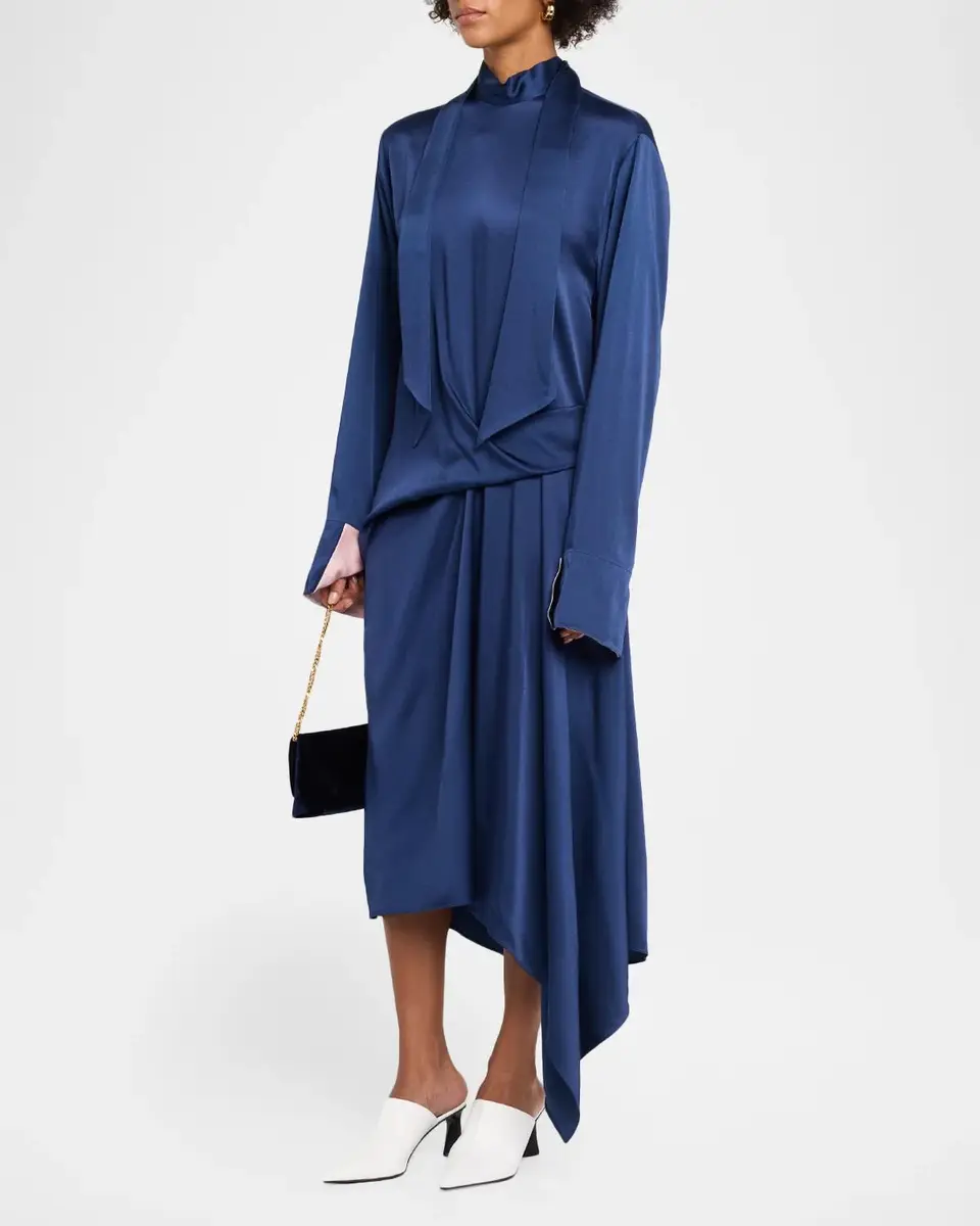 Stella McCartney Scarf-Neck Draped Satin Long-Sleeve Midi Dress | Thumbnail 4