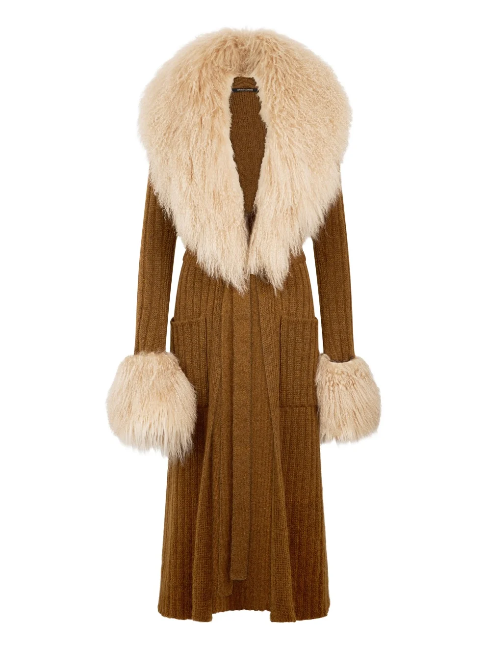 Roberto Cavalli Ribbed Knit Coat With Faux Fur