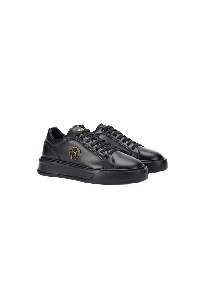 Roberto Cavalli Black Sneakers With Gold Logo Emblem