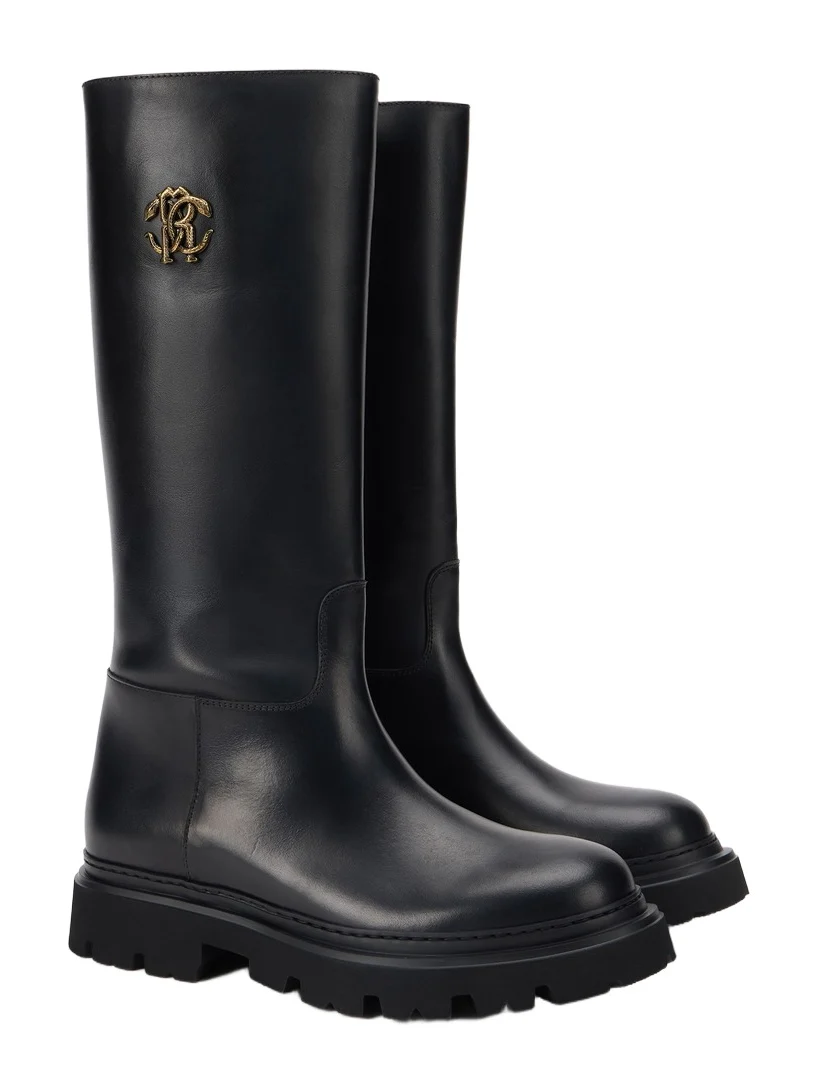Roberto Cavalli Black Boots With Gold Emblem