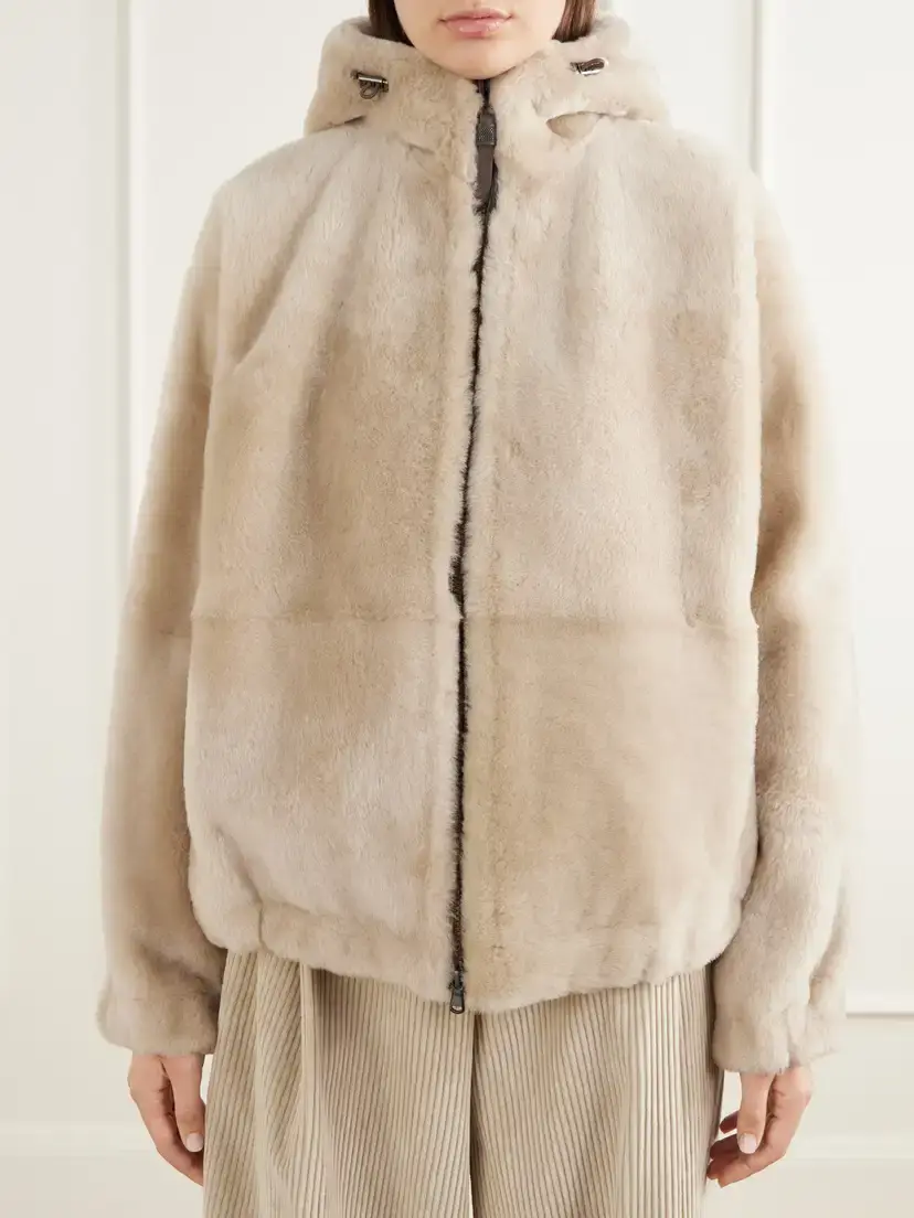 Brunello Cucinelli Reversible Hooded Monili-embellished Leather And Shearling Jacket - Neutrals | Thumbnail 3 Brunello Cucinelli Reversible Hooded Monili-embellished Leather And Shearling Jacket - Neutrals | Thumbnail 3
