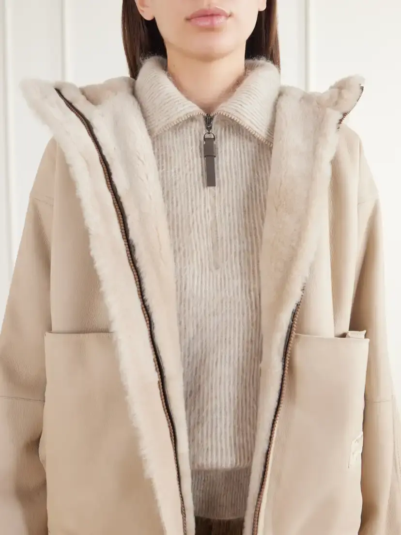 Brunello Cucinelli Reversible Hooded Monili-embellished Leather And Shearling Jacket - Neutrals | Thumbnail 6 Brunello Cucinelli Reversible Hooded Monili-embellished Leather And Shearling Jacket - Neutrals | Thumbnail 6