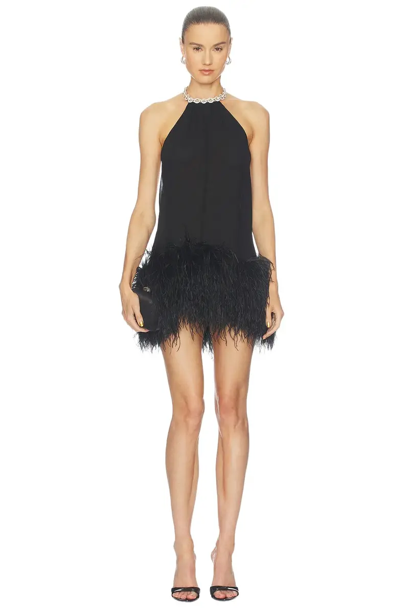 Halter Neck Mini Dress With Feather Trim Halter Neck Mini Dress With Feather Trim