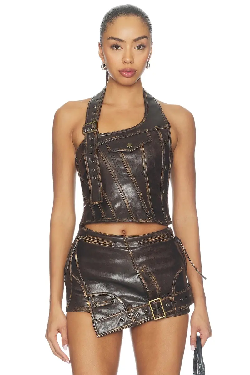 MARRKNULL Off-shoulder Leather Crop Top