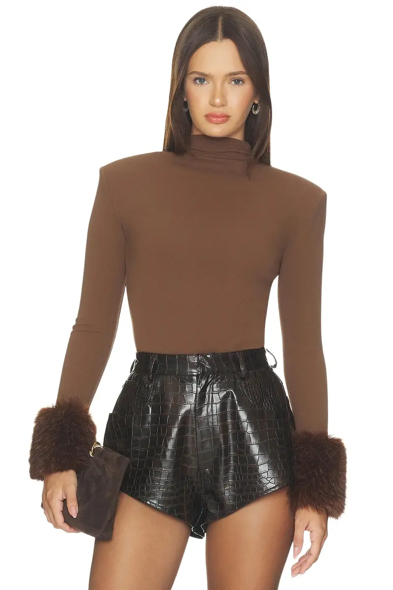 Bronx and Banco Long Sleeve Bodysuit With Faux Fur Cuffs