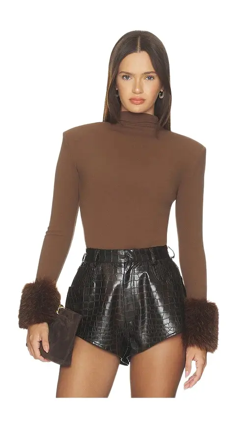 Long Sleeve Bodysuit With Faux Fur Cuffs