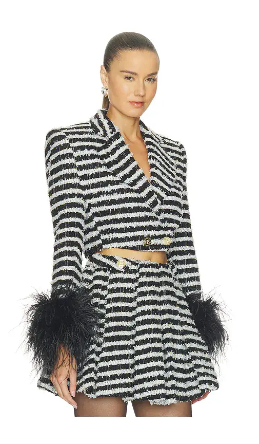 Bronx and Banco Tweed Cropped Jacket With Feather Cuffs | Thumbnail 2