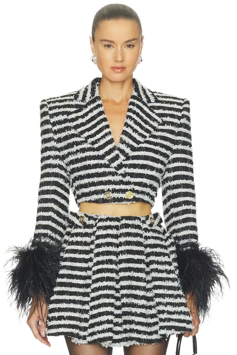 Tweed Cropped Jacket With Feather Cuffs Tweed Cropped Jacket With Feather Cuffs