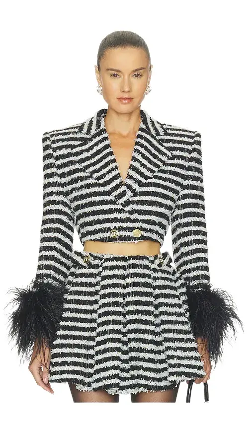 Bronx and Banco Tweed Cropped Jacket With Feather Cuffs