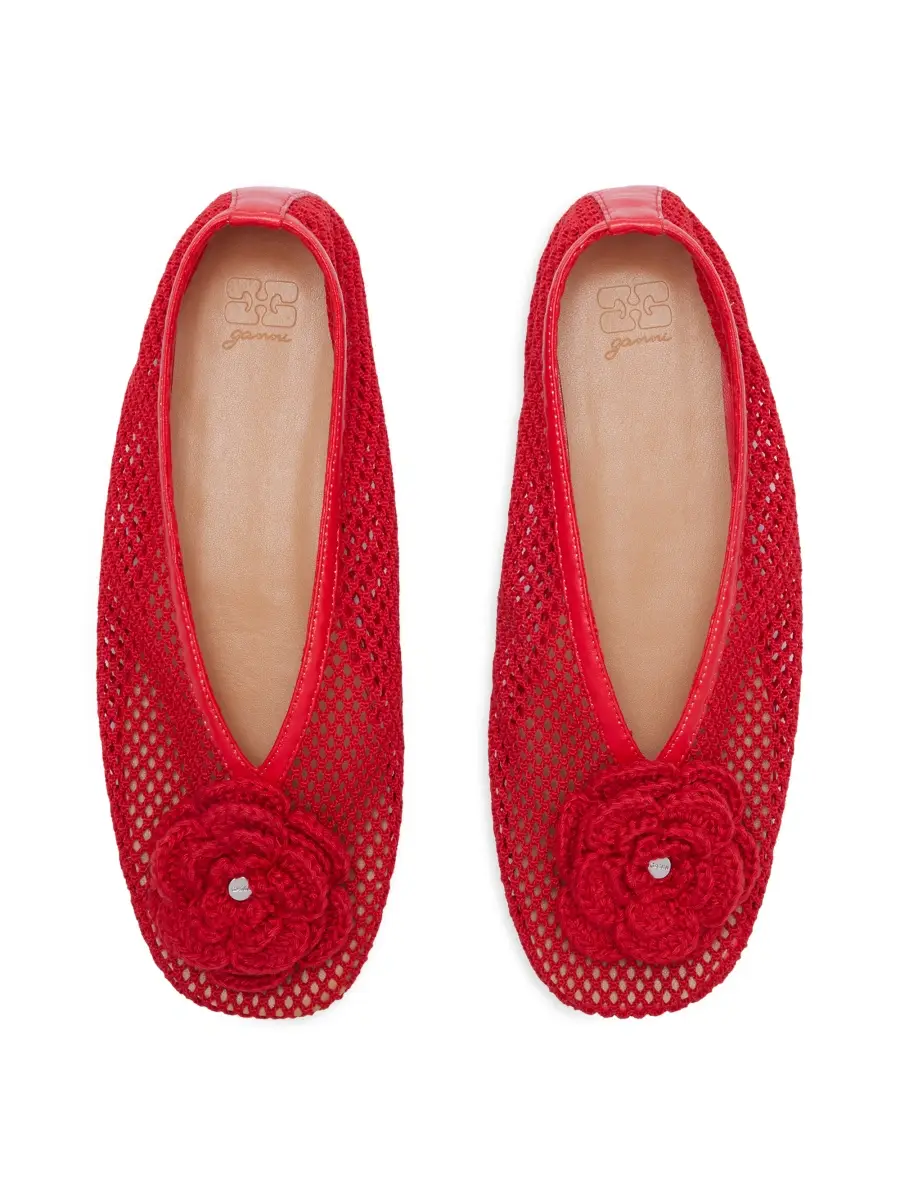 Ganni Women's Jenny Mesh Floral Appliqué Ballet Flats | Thumbnail 3