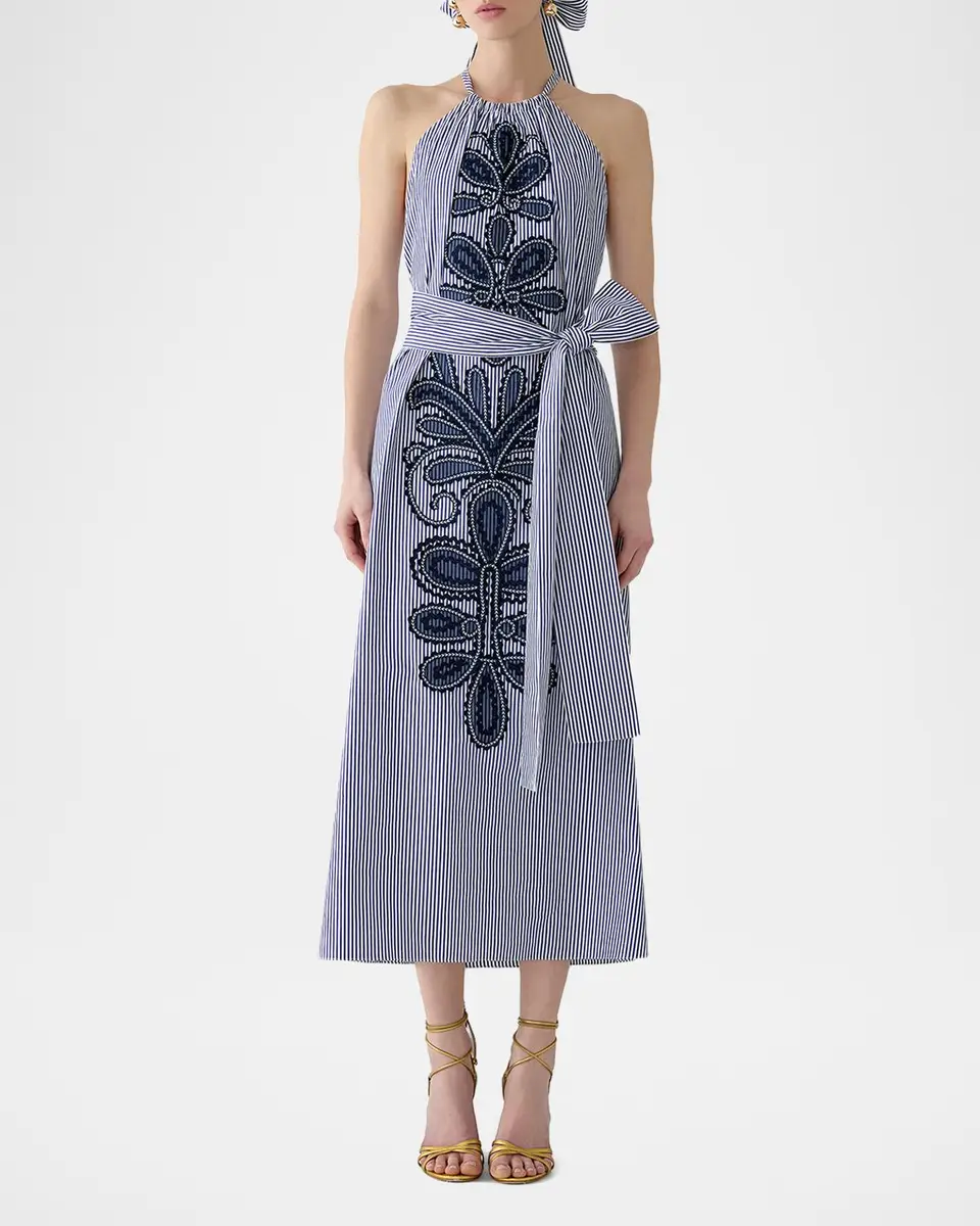 Carolina Herrera Embroidered Striped Cotton Halter Midi Dress | Thumbnail 2