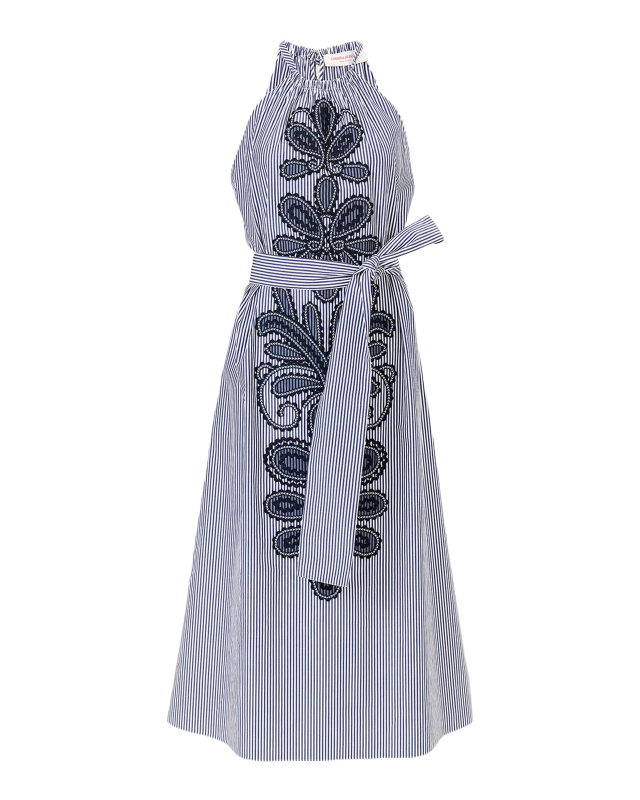 Carolina Herrera Embroidered Striped Cotton Halter Midi Dress