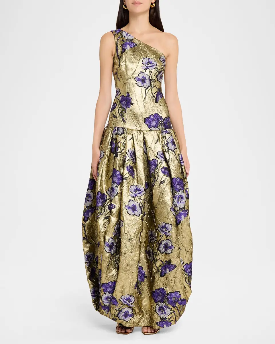 Atelier Prabal Gurung One-Shoulder Metallic Floral Jacquard Drop-Waist Bubble Gown | Thumbnail 2 Atelier Prabal Gurung One-Shoulder Metallic Floral Jacquard Drop-Waist Bubble Gown | Thumbnail 2