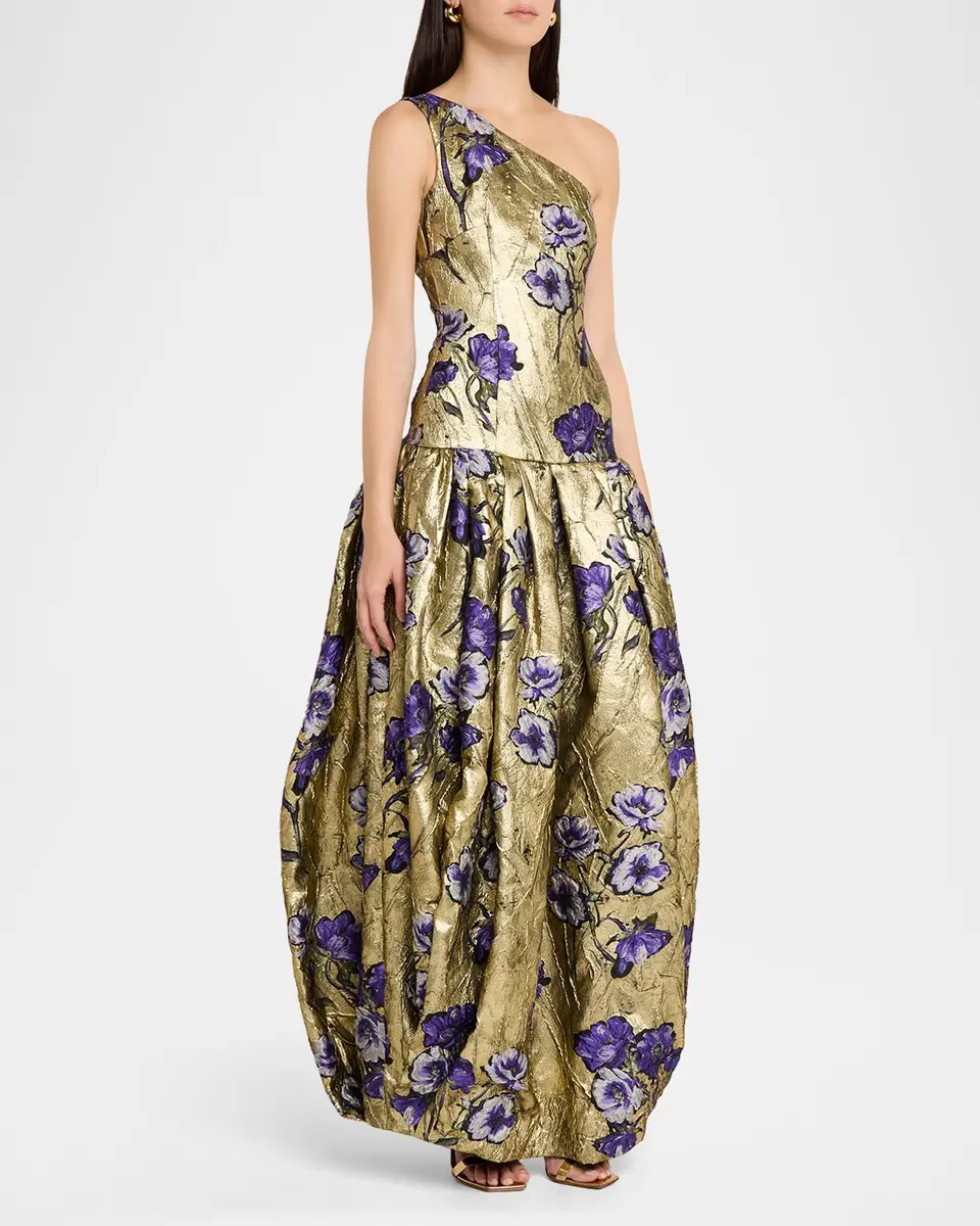 Atelier Prabal Gurung One-Shoulder Metallic Floral Jacquard Drop-Waist Bubble Gown | Thumbnail 4 Atelier Prabal Gurung One-Shoulder Metallic Floral Jacquard Drop-Waist Bubble Gown | Thumbnail 4