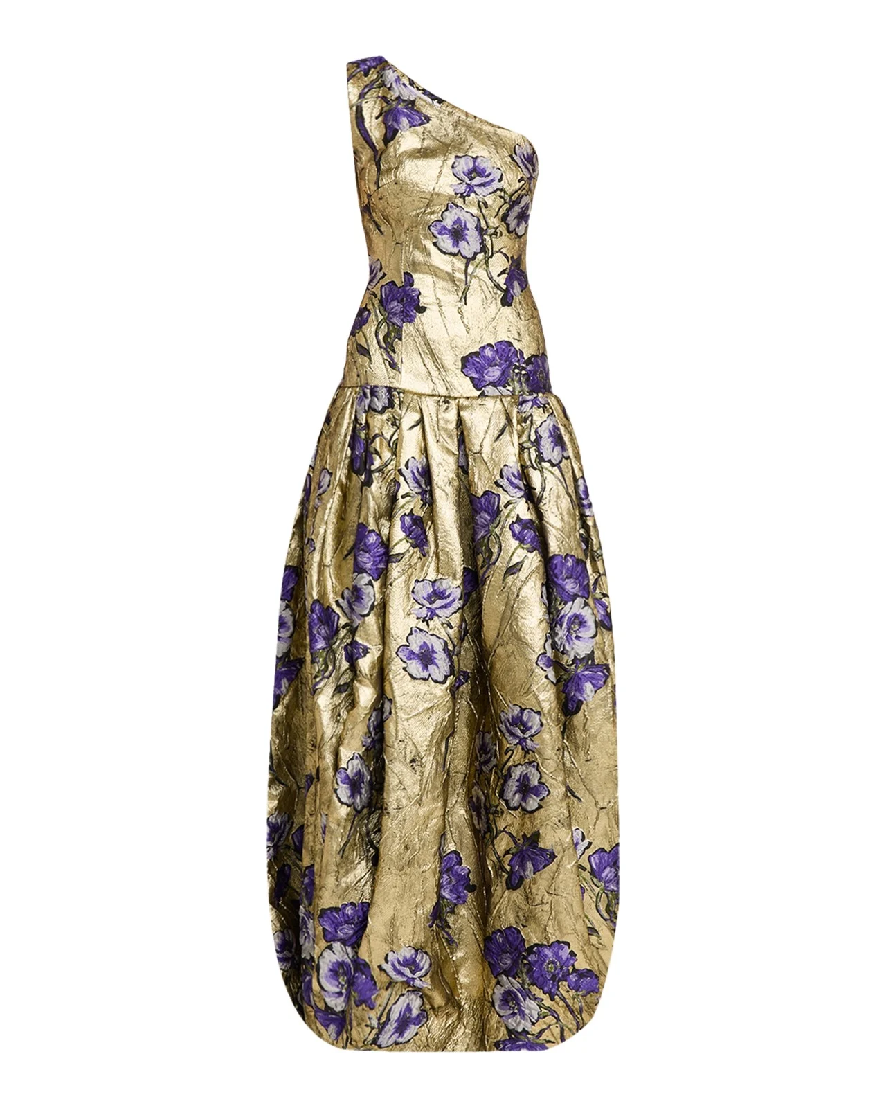 Atelier Prabal Gurung One-Shoulder Metallic Floral Jacquard Drop-Waist Bubble Gown