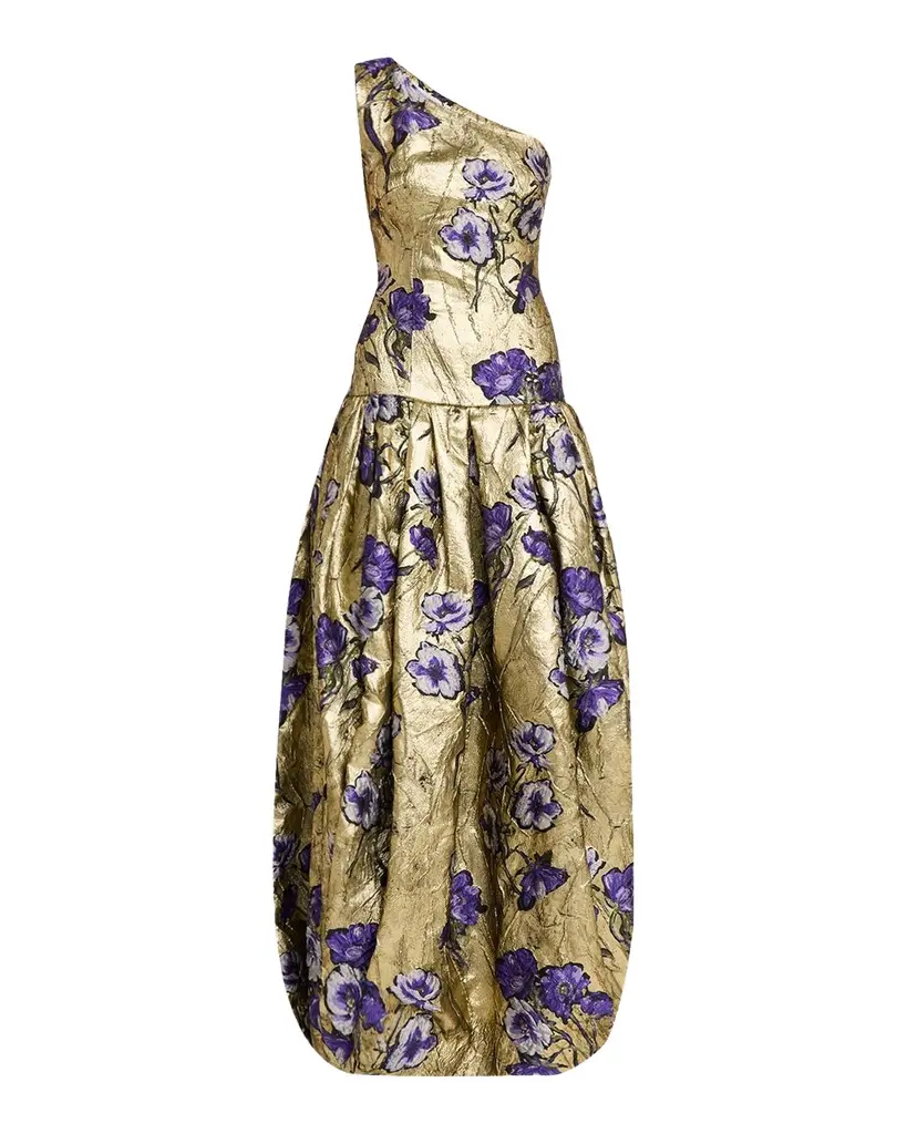 One-Shoulder Metallic Floral Jacquard Drop-Waist Bubble Gown