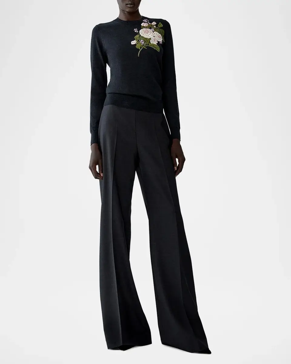 Carolina Herrera Floral Embroidered Crewneck Wool Sweater | Thumbnail 2 Carolina Herrera Floral Embroidered Crewneck Wool Sweater | Thumbnail 2