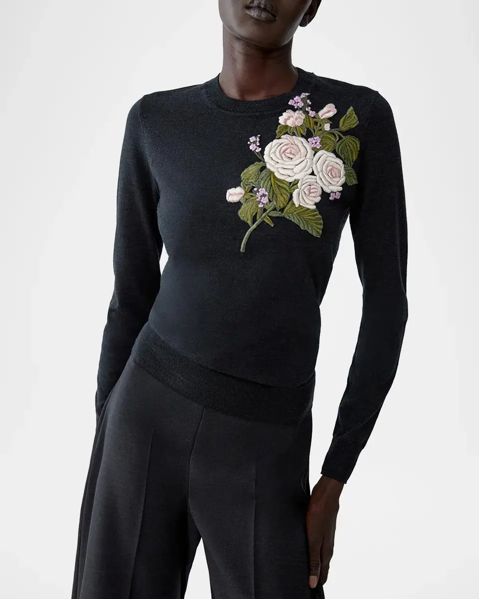 Carolina Herrera Floral Embroidered Crewneck Wool Sweater | Thumbnail 4 Carolina Herrera Floral Embroidered Crewneck Wool Sweater | Thumbnail 4
