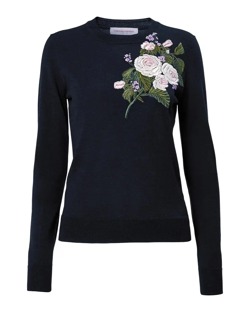 Floral Embroidered Crewneck Wool Sweater Floral Embroidered Crewneck Wool Sweater