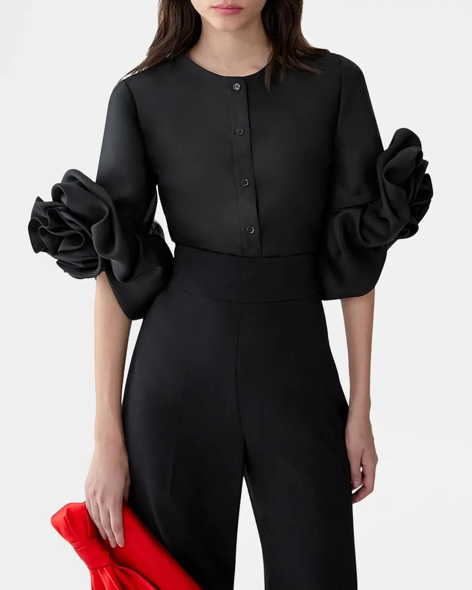Carolina Herrera Silk Gazar Rosette-Sleeve Blouse | Thumbnail 4 Carolina Herrera Silk Gazar Rosette-Sleeve Blouse | Thumbnail 4
