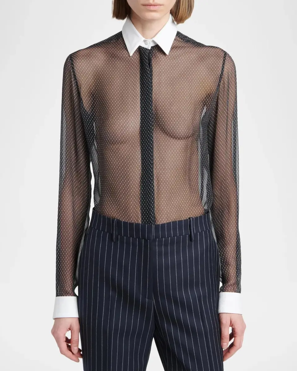 Tom Ford Net-Print Losange Silk Chiffon Button-Down Shirt | Thumbnail 4 Tom Ford Net-Print Losange Silk Chiffon Button-Down Shirt | Thumbnail 4