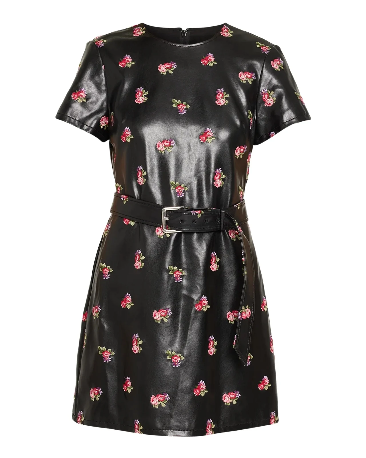 Tossed Roses Faux Leather Mini Dress Tossed Roses Faux Leather Mini Dress