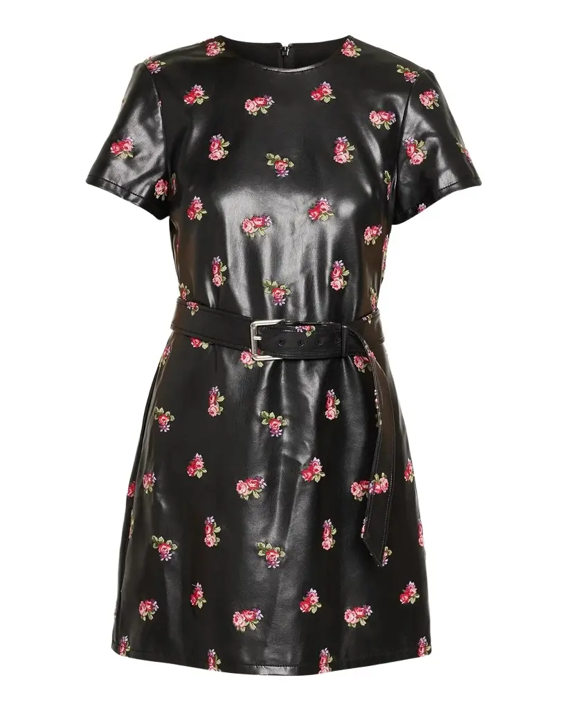 Tossed Roses Faux Leather Mini Dress Tossed Roses Faux Leather Mini Dress