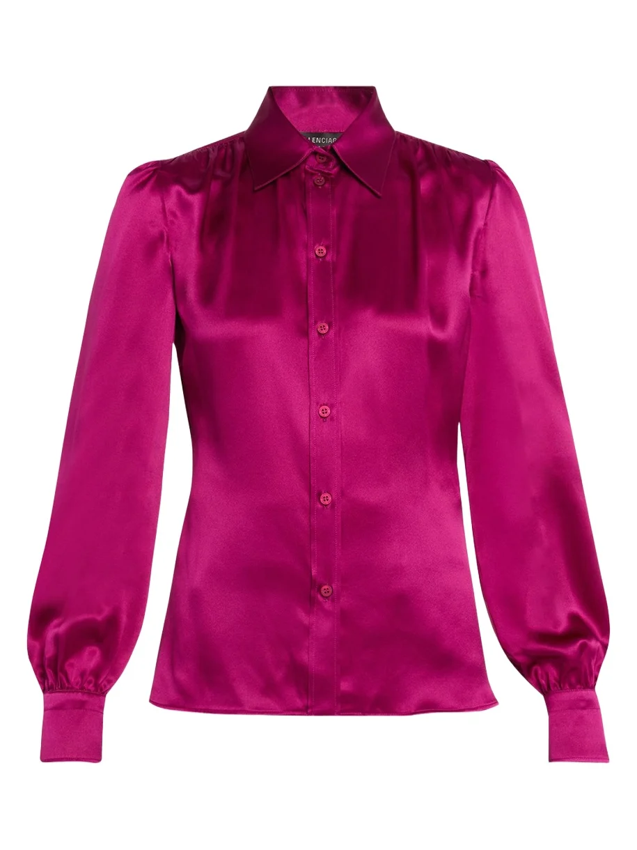 Balenciaga Puff-Sleeve Fitted Silk Blouse