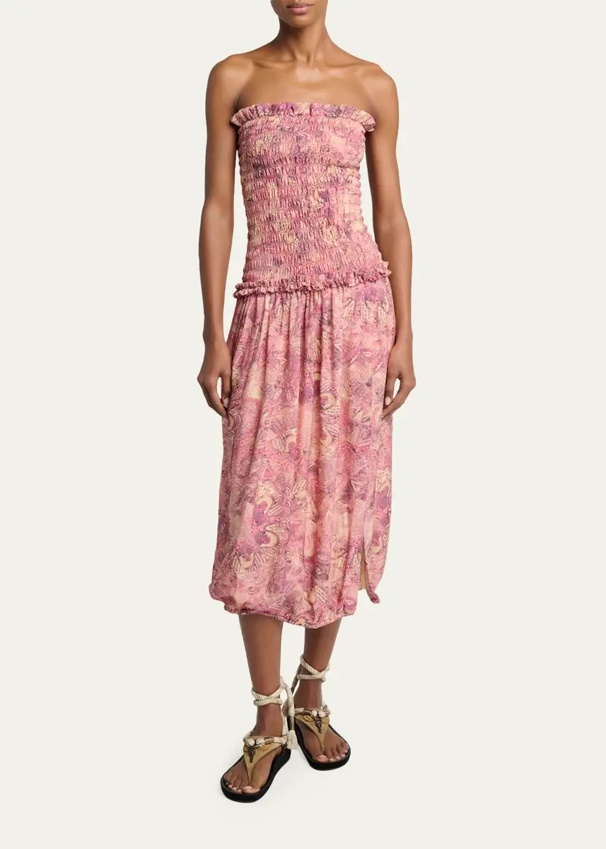 Isabel Marant Cleane Strapless Smocked Silk Bubble Midi Dress | Thumbnail 2 Isabel Marant Cleane Strapless Smocked Silk Bubble Midi Dress | Thumbnail 2