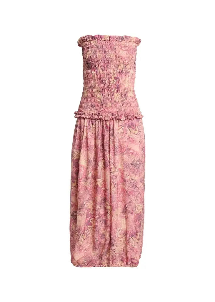 Isabel Marant Cleane Strapless Smocked Silk Bubble Midi Dress
