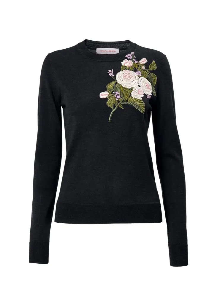 Floral Embroidered Crewneck Wool Sweater Floral Embroidered Crewneck Wool Sweater